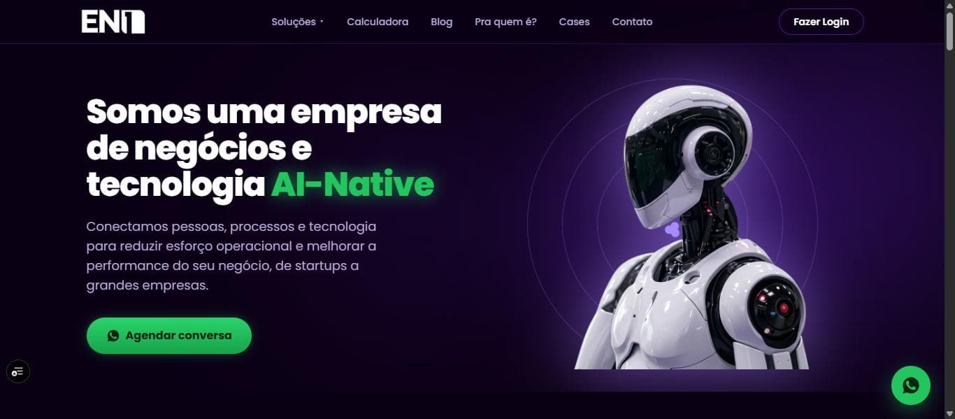 Home do site da EN1 com a chamada Somos uma empresa de negócios e tecnologia AI-Native